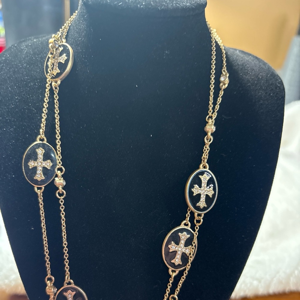 CHICO'S STATION NECKLACE Gold Tone Chain Black Enamel & Rhinestone Cross Charms